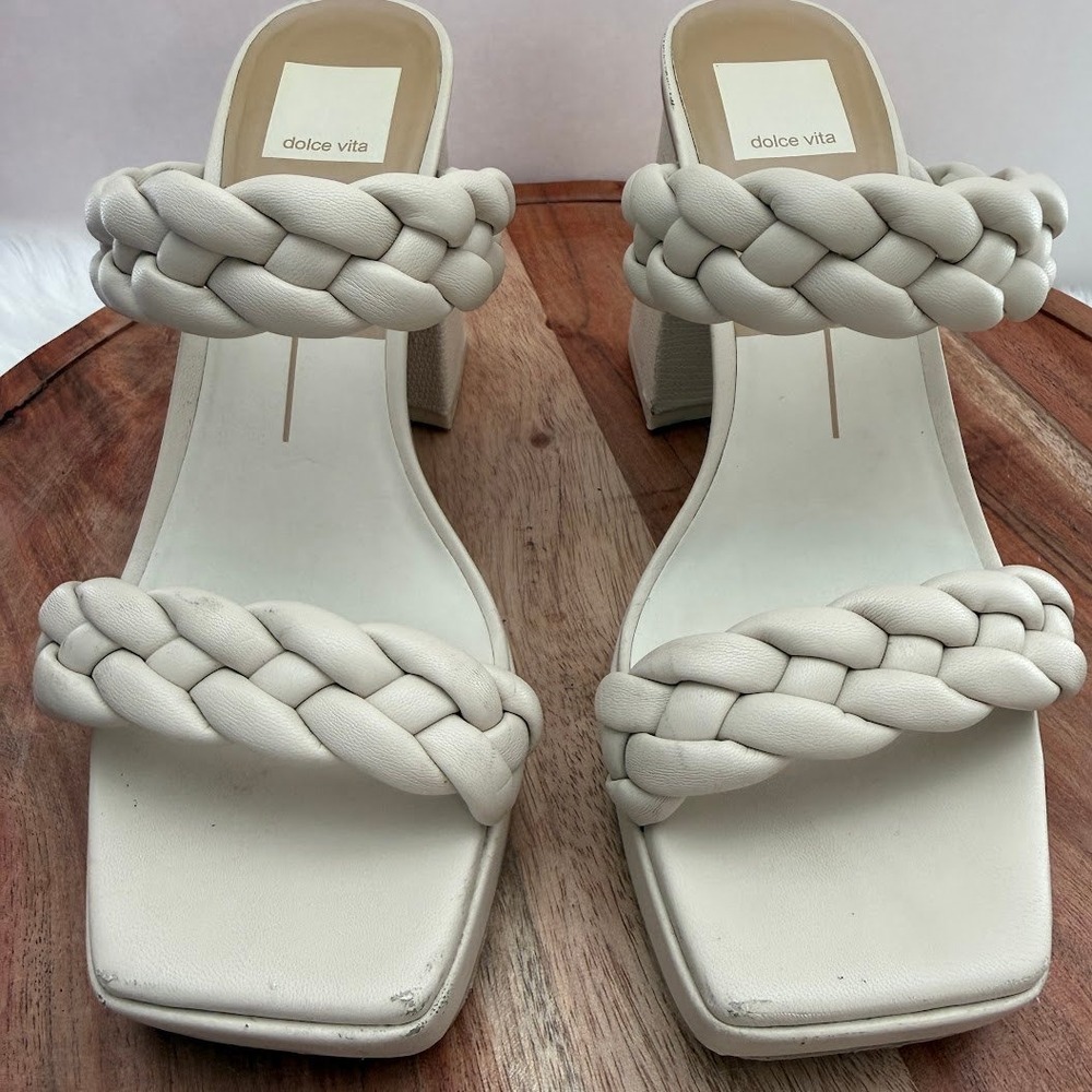 Dolce Vita Womens Cream Braided Platform Block Heel Sandals Square‎ Toe Size 8 - Picture 2 of 12